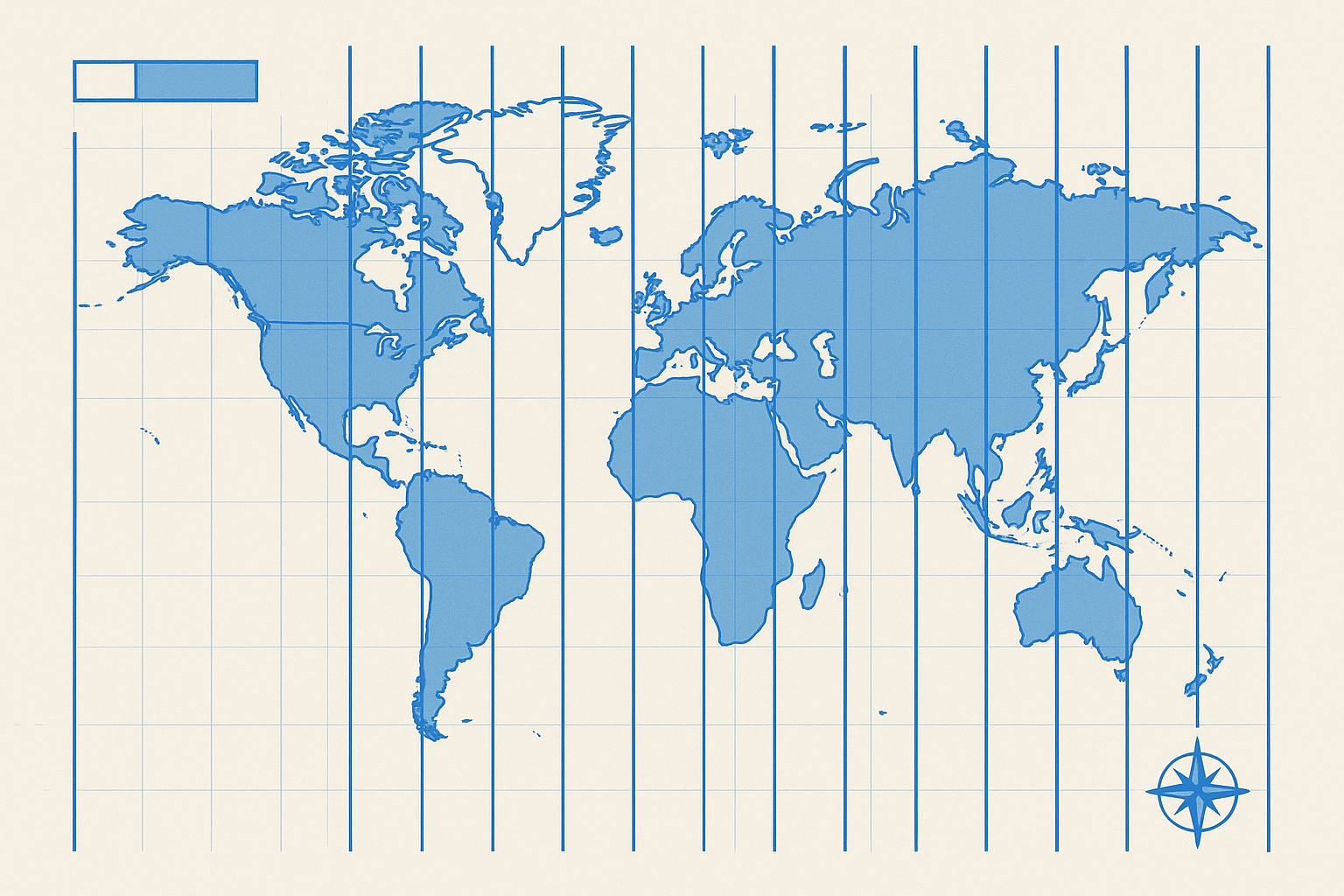 World map with graticule, compass rose, scale bar, and vertical time zone bands