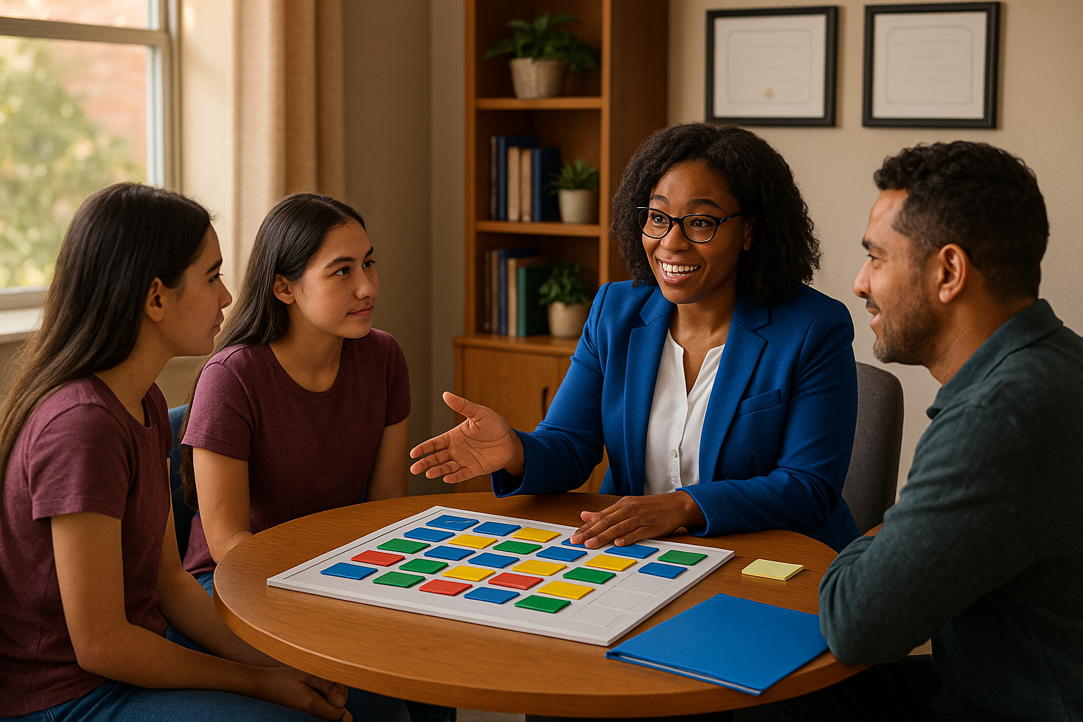 School counselor guiding a student and parent through a color-coded course plan