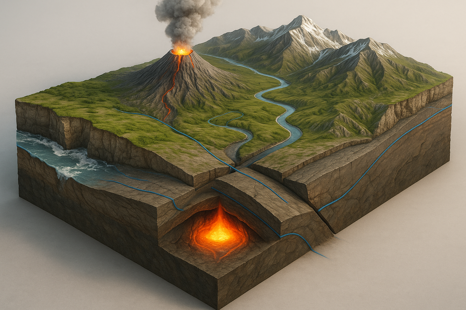 Isometric cutaway showing subduction zone, volcano, mountains, river, and coastal cliff