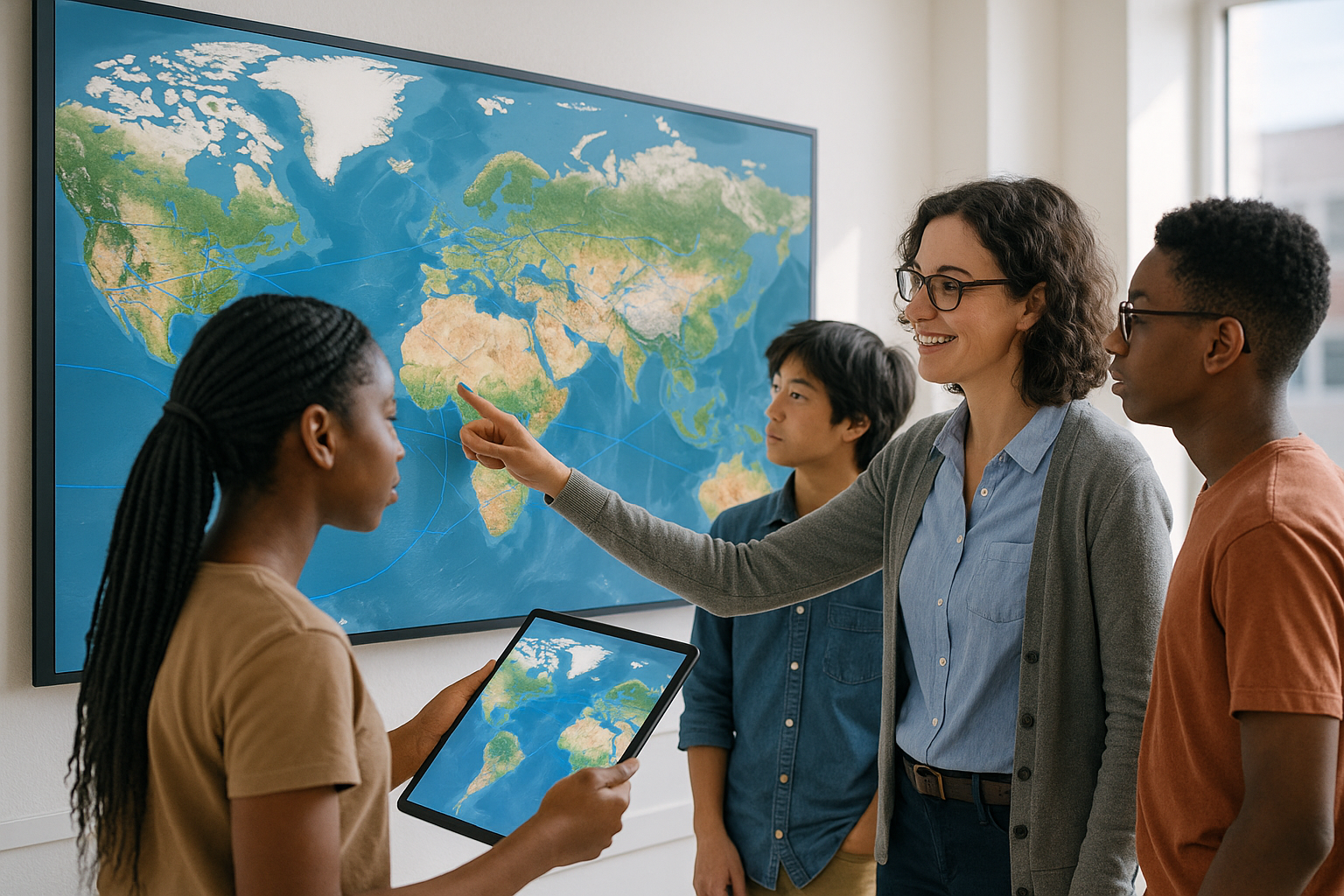 Diverse classroom collaborating around an interactive world map