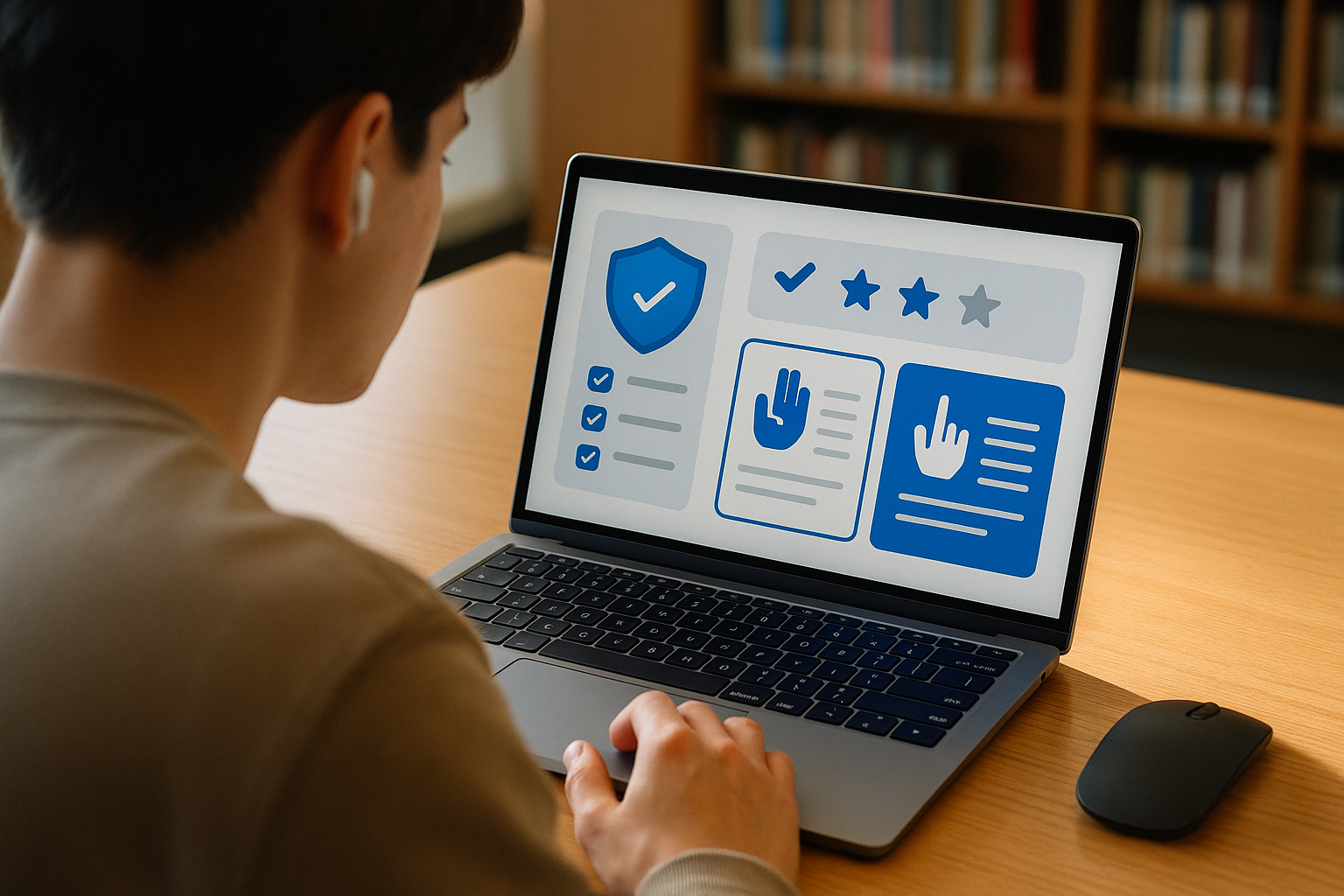 Student comparing ASL programs on a laptop in a library
