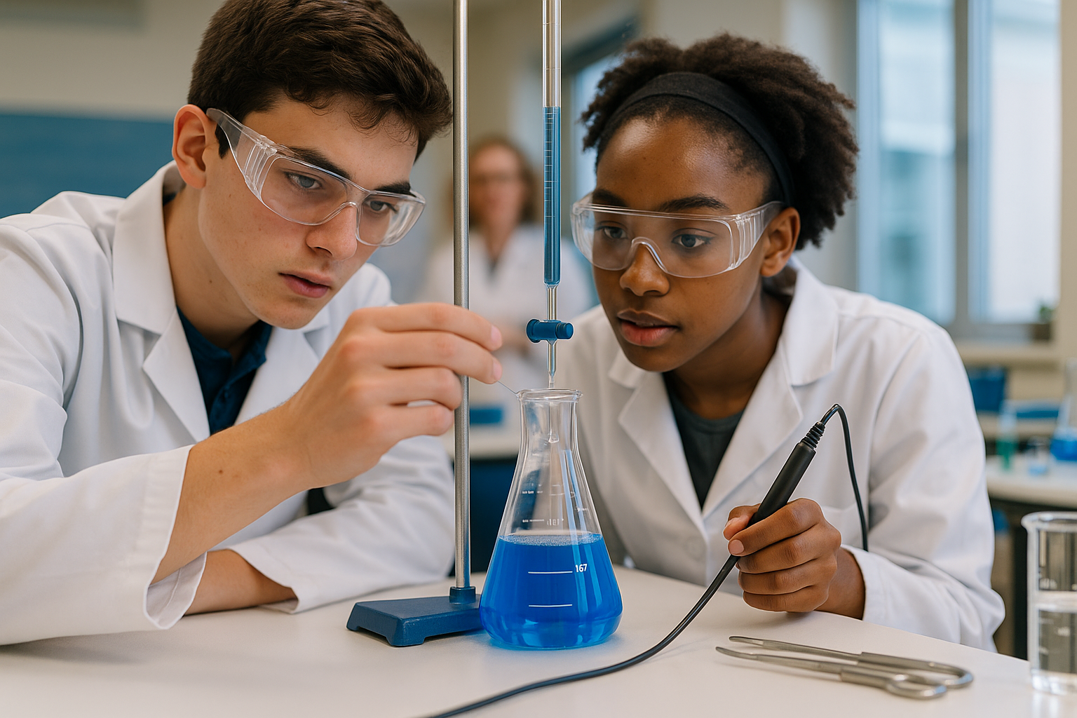 Students performing acid-base titration with wireless pH probe