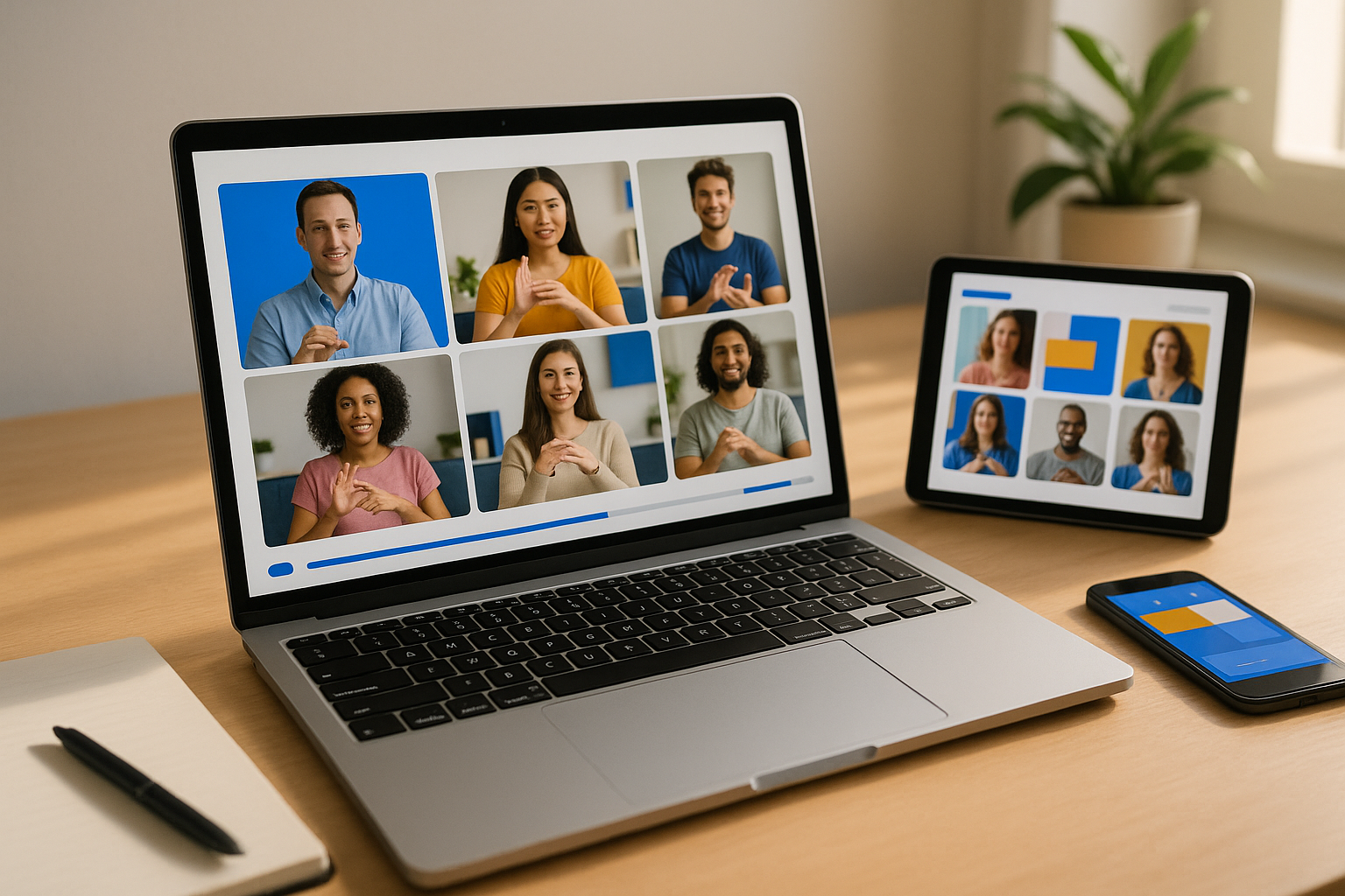 Online sign language resources with instructor in a video grid