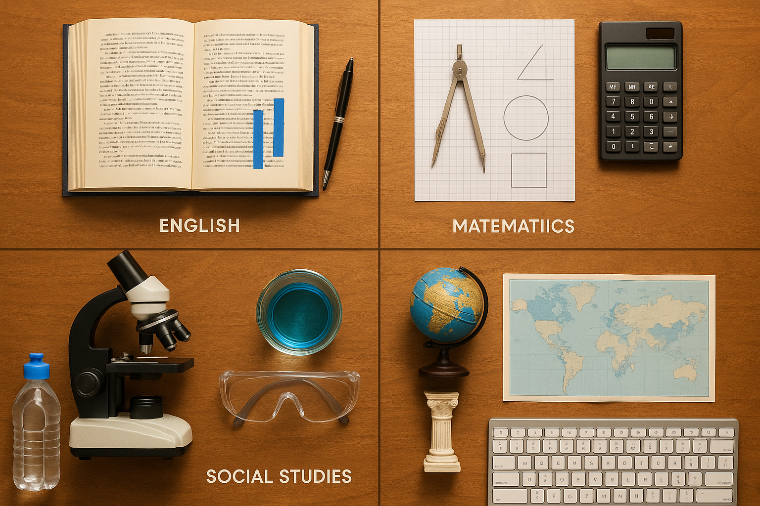 Organized flat lay of desk labeled English, math, science, social studies, health, and technology