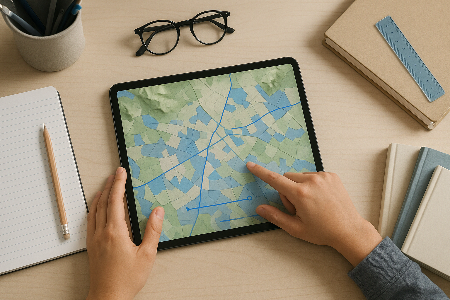 Student using a layered tablet map interface