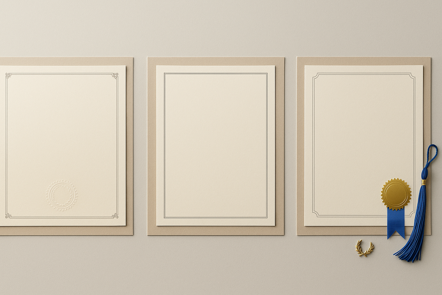 Side-by-side comparison of diploma and certificate styles with seals and ribbon