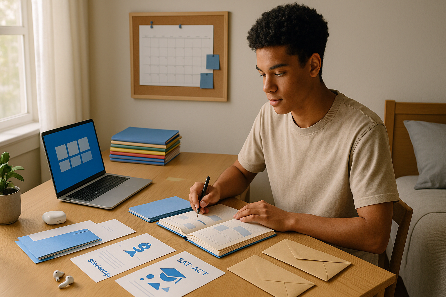 High school senior planning college applications at a sunlit desk