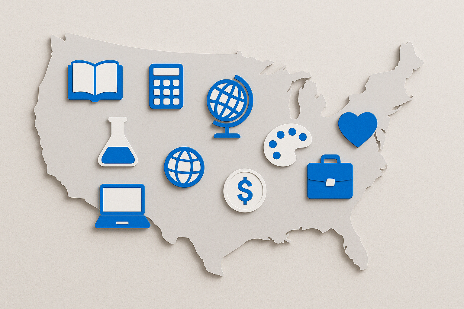 US map with subject icons for state graduation requirements