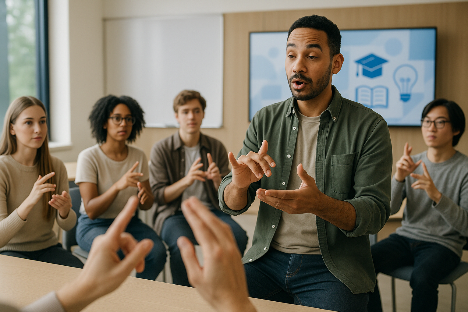 Deaf-led sign language lesson with hands in focus in a modern classroom