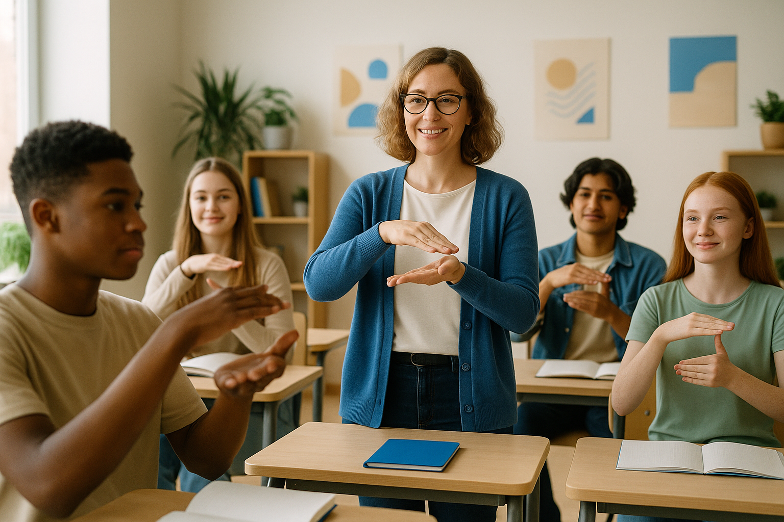 Teacher demonstrates the ASL sign for school in a sunlit classroom