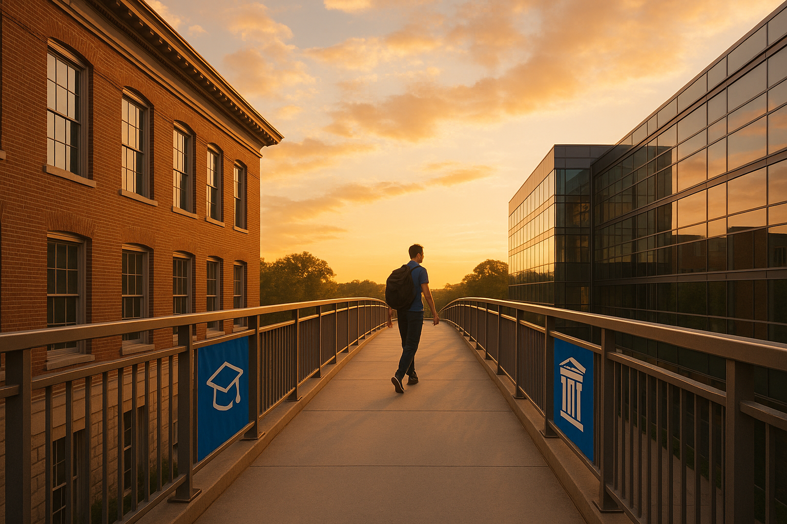 Student on campus pedestrian bridge at golden hour