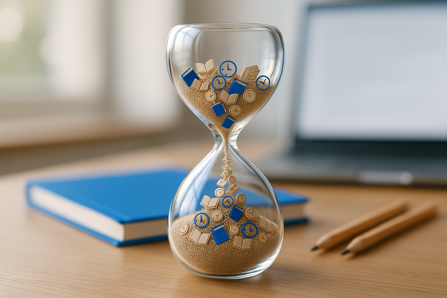 Hourglass representing time-based Carnegie units on a study desk