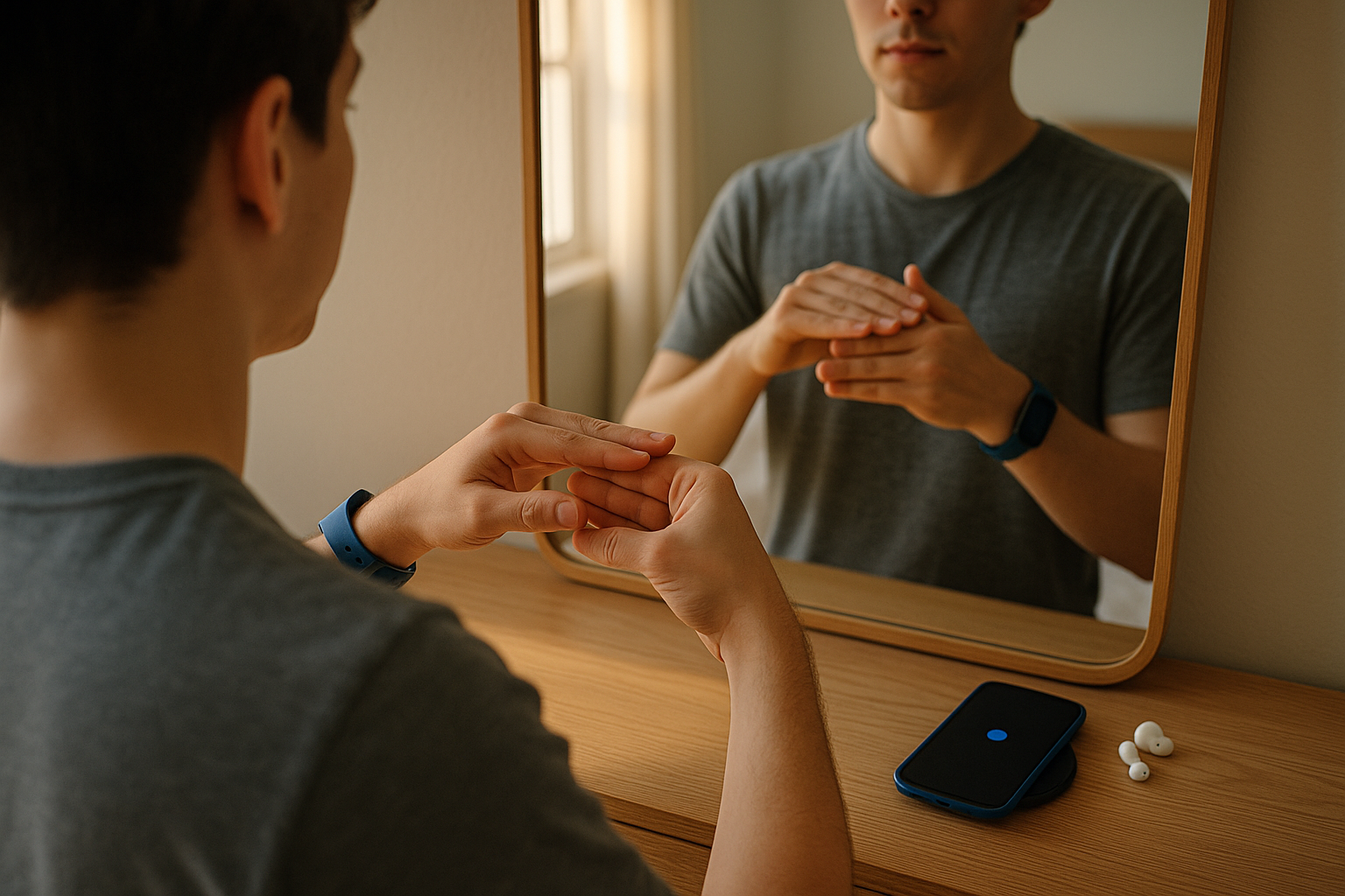 Over-the-shoulder view of school sign drill for practice and muscle memory