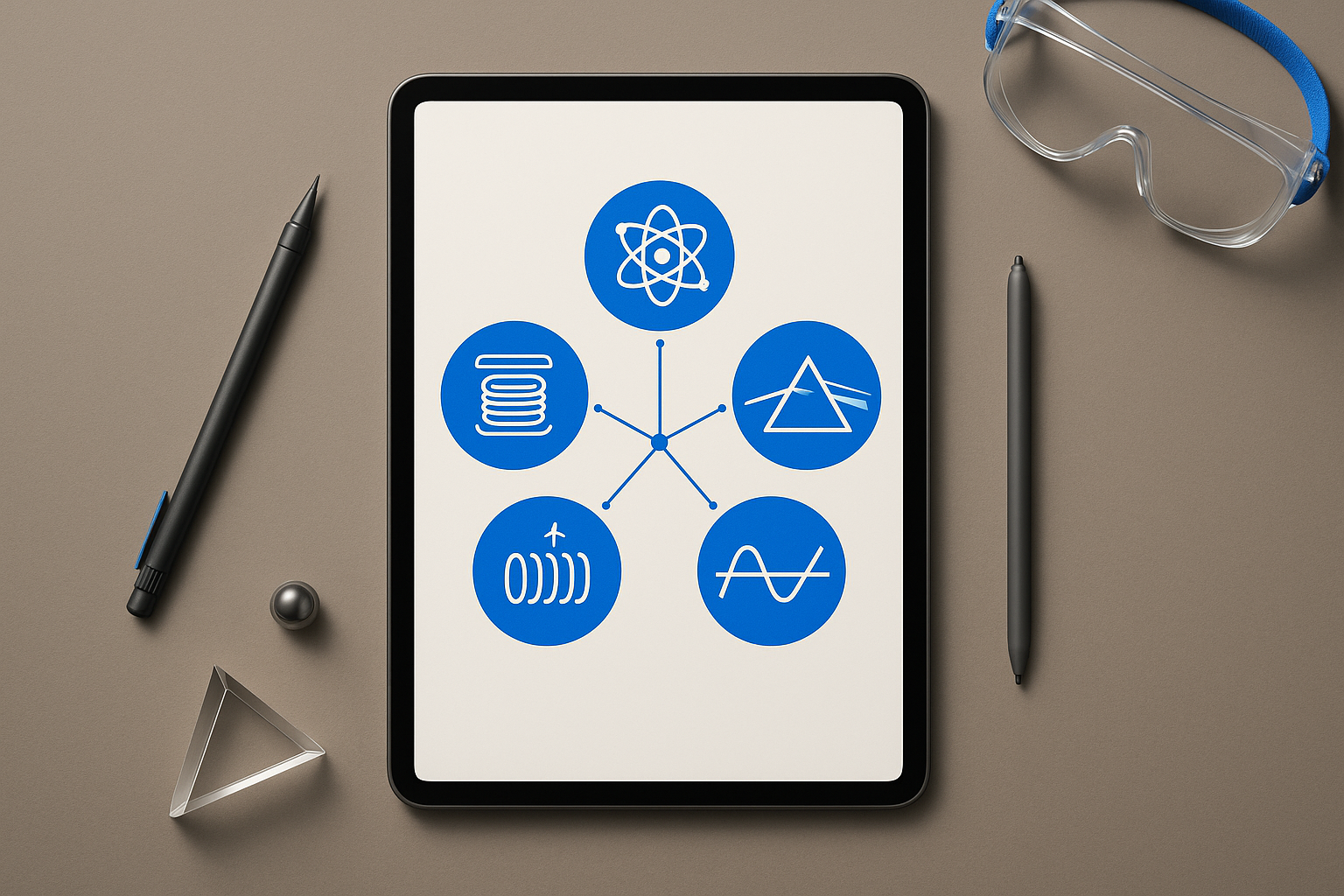 Tablet displaying radial diagram of physics domains on a minimalist desk