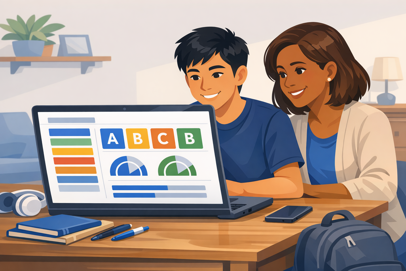 Parent and high school student reviewing grade dashboard at home