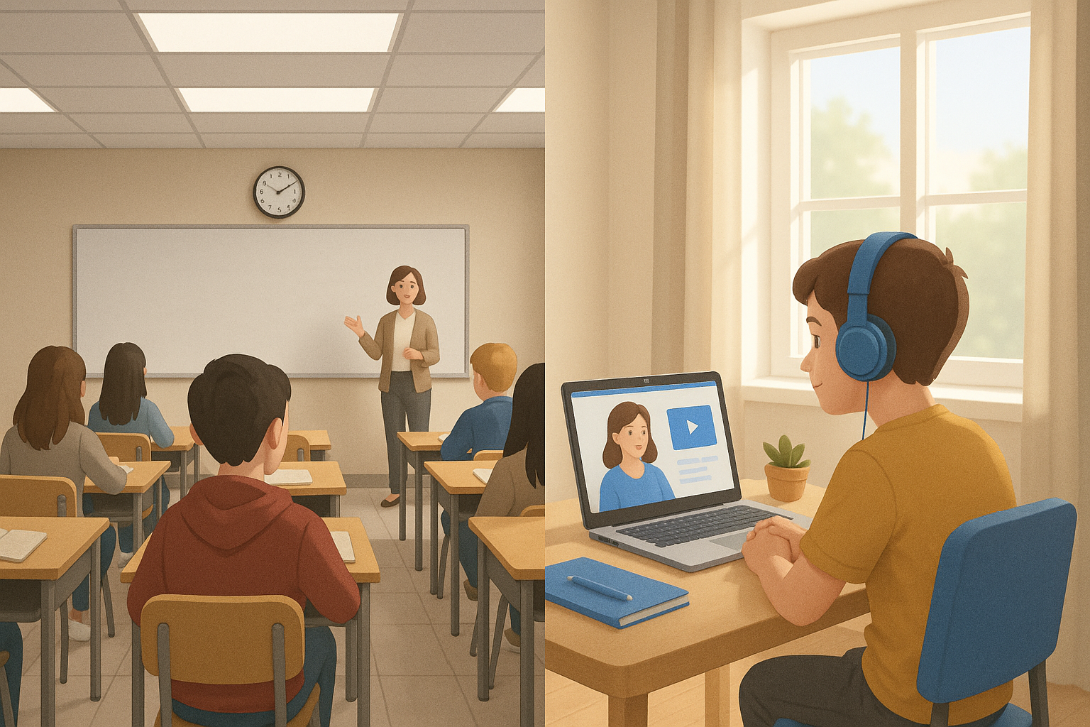 Split-screen comparison of traditional classroom and online home learning