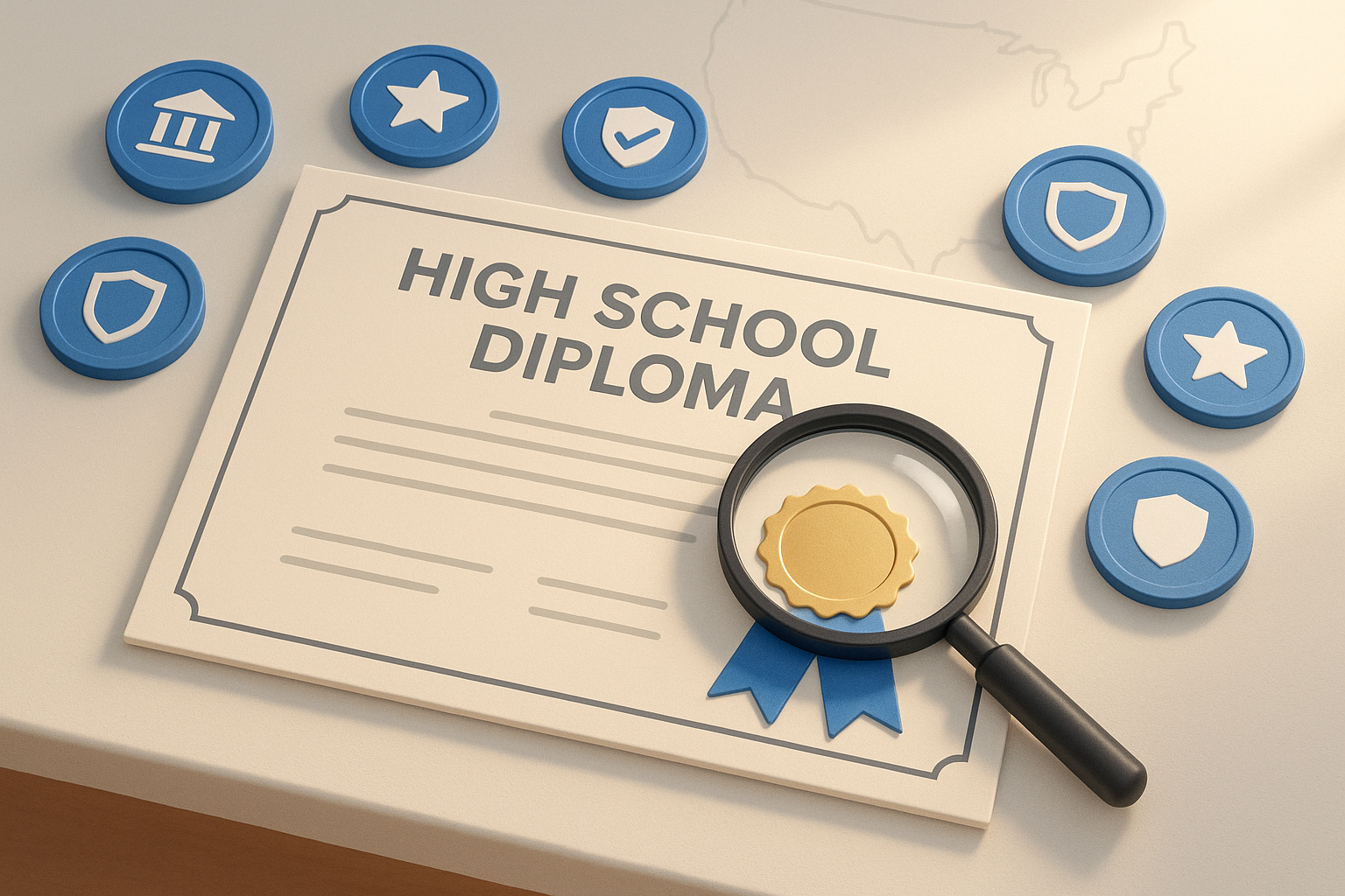 Illustration of verifying high school diploma accreditation across the United States