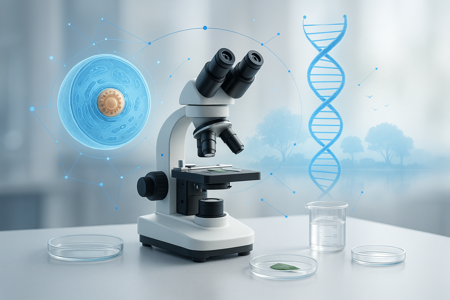 Microscope with cell and DNA overlays representing life science foundations