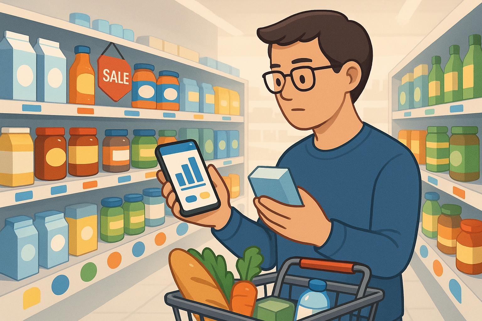 Grocery aisle price comparison with smartphone bar chart