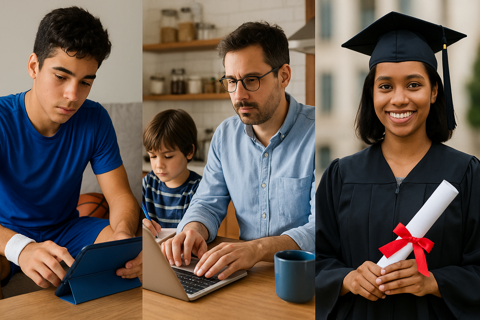 Three connected learner journeys: teen athlete, single father, and international graduate