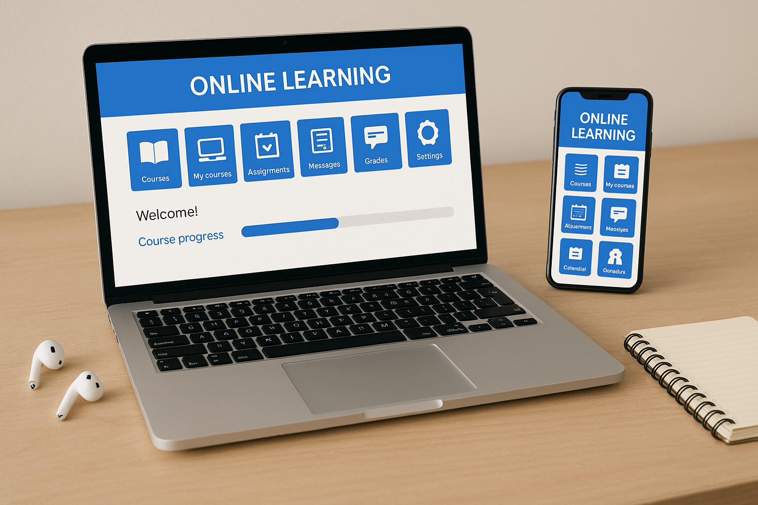 Online learning portal on laptop and smartphone with course progress icons