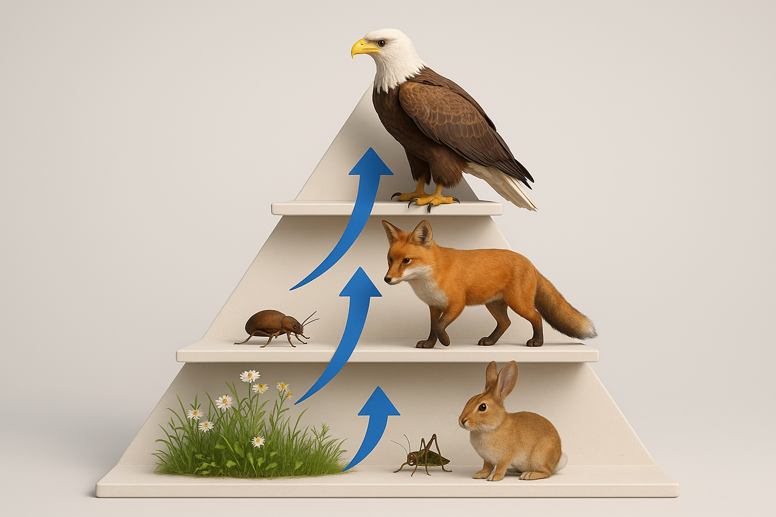3D four-tier trophic pyramid showing ecosystem energy flow