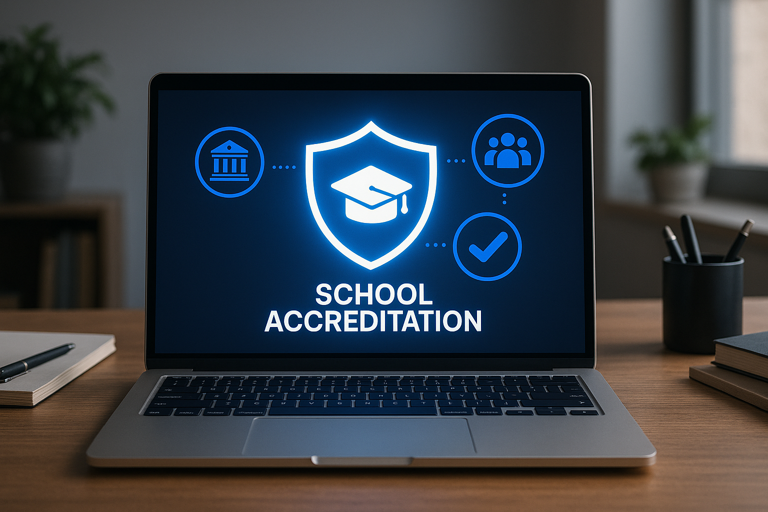 Laptop with glowing shield and agency icons for school accreditation