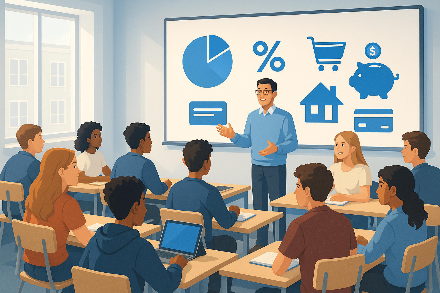 Diverse high school classroom learning personal finance