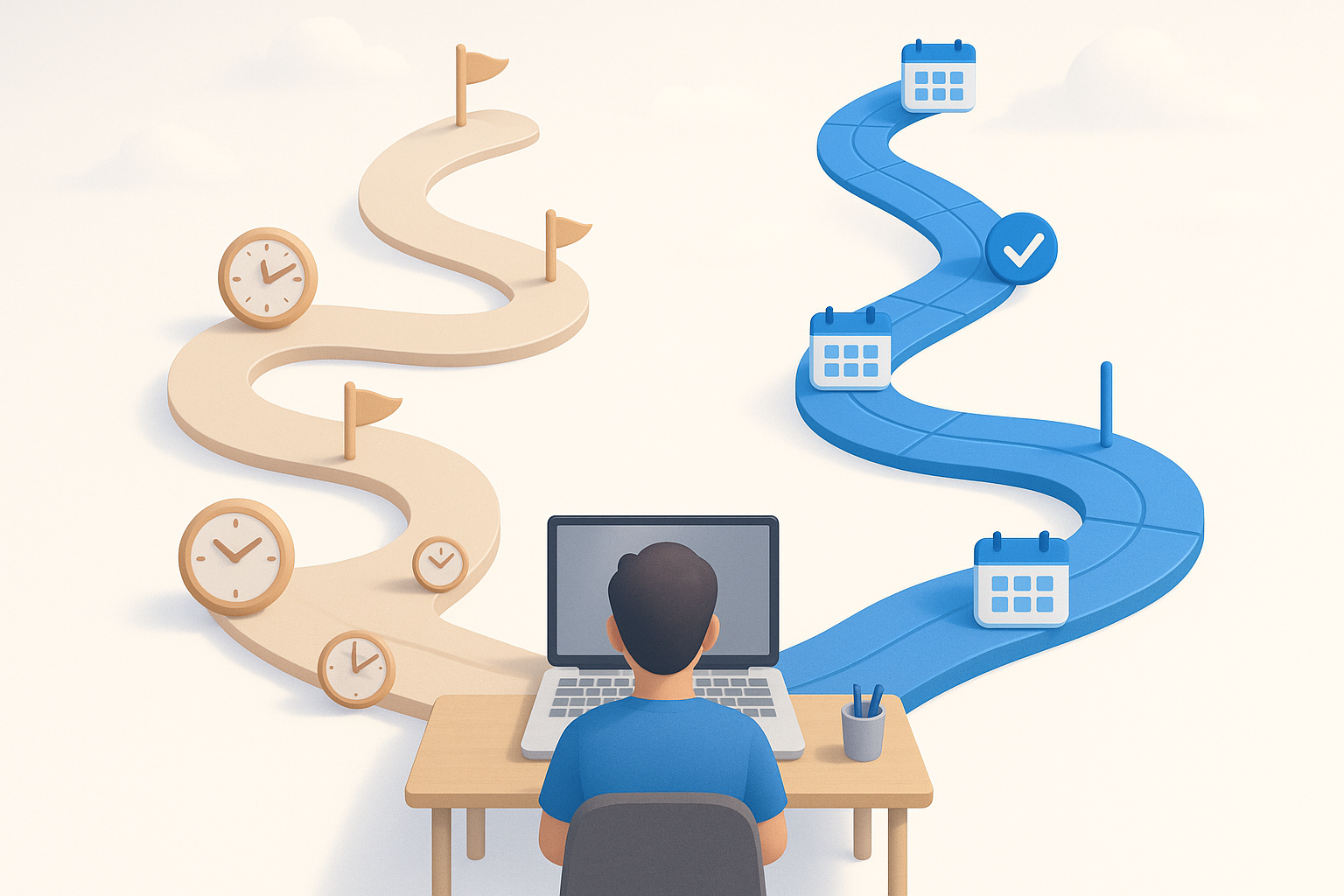 Diverging learning paths from a laptop showing self-paced and structured options