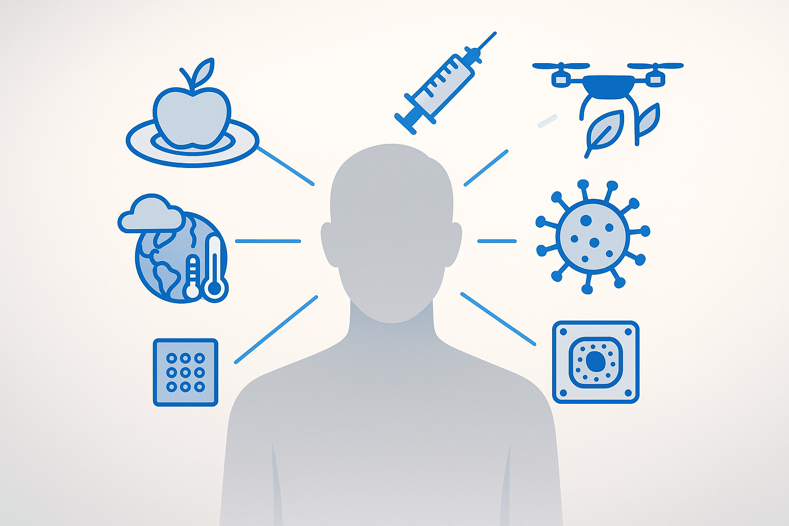 Real-world biology applications around a human silhouette