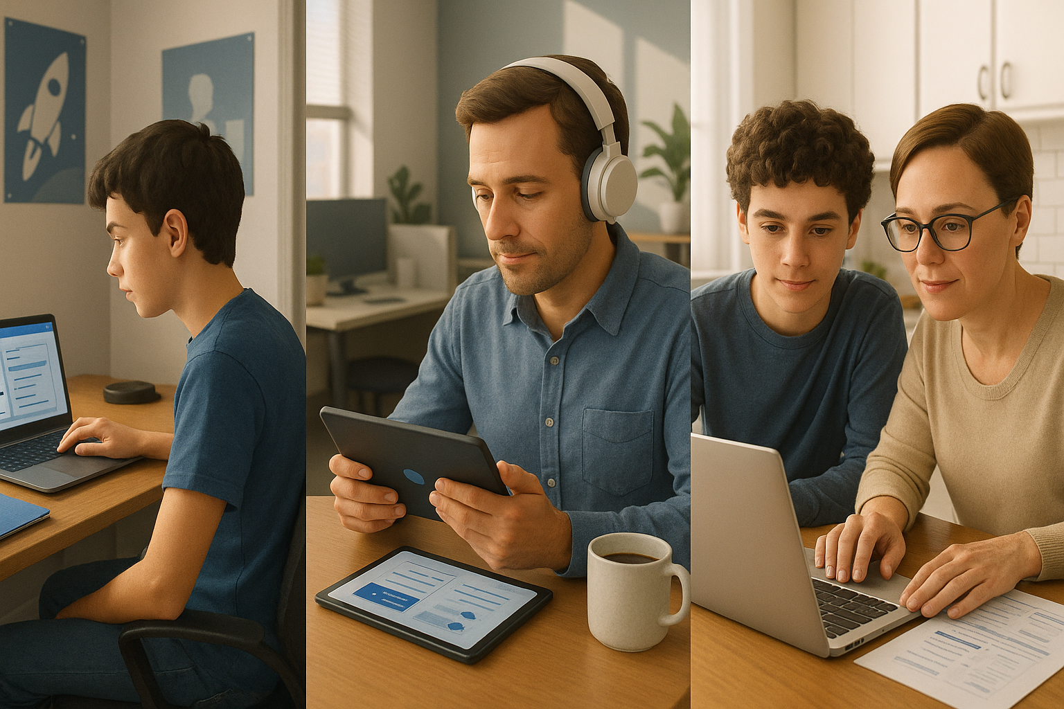 Triptych of online learning across home, work, and homeschool settings