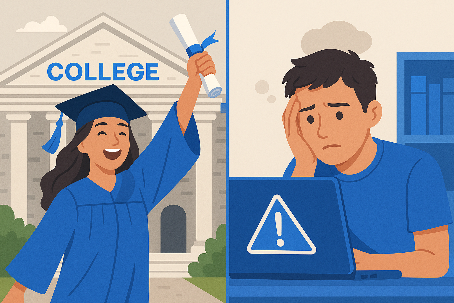 Successful graduate entering college versus worried student at laptop with warning
