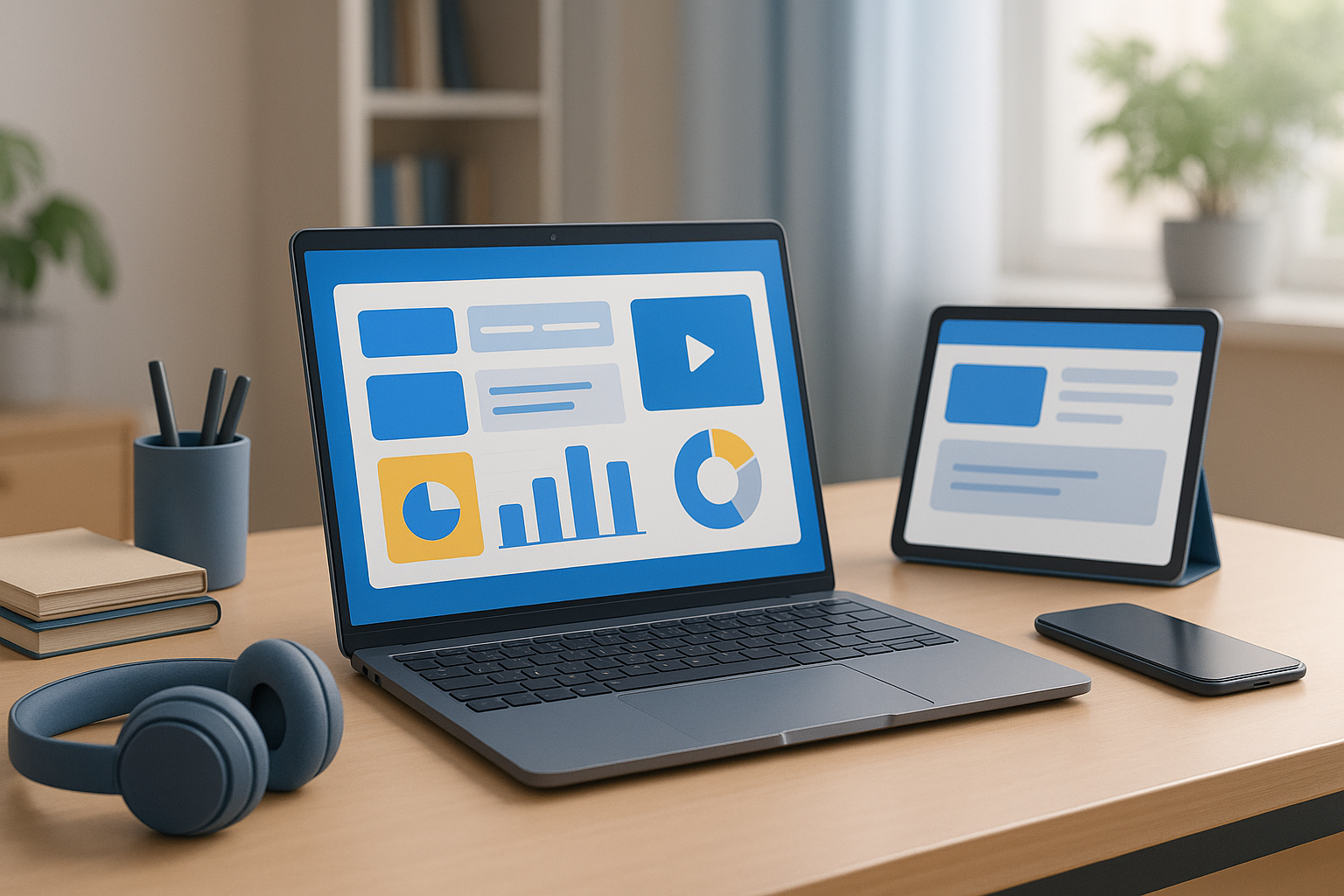 3D illustration of a wireless home study setup for online high school