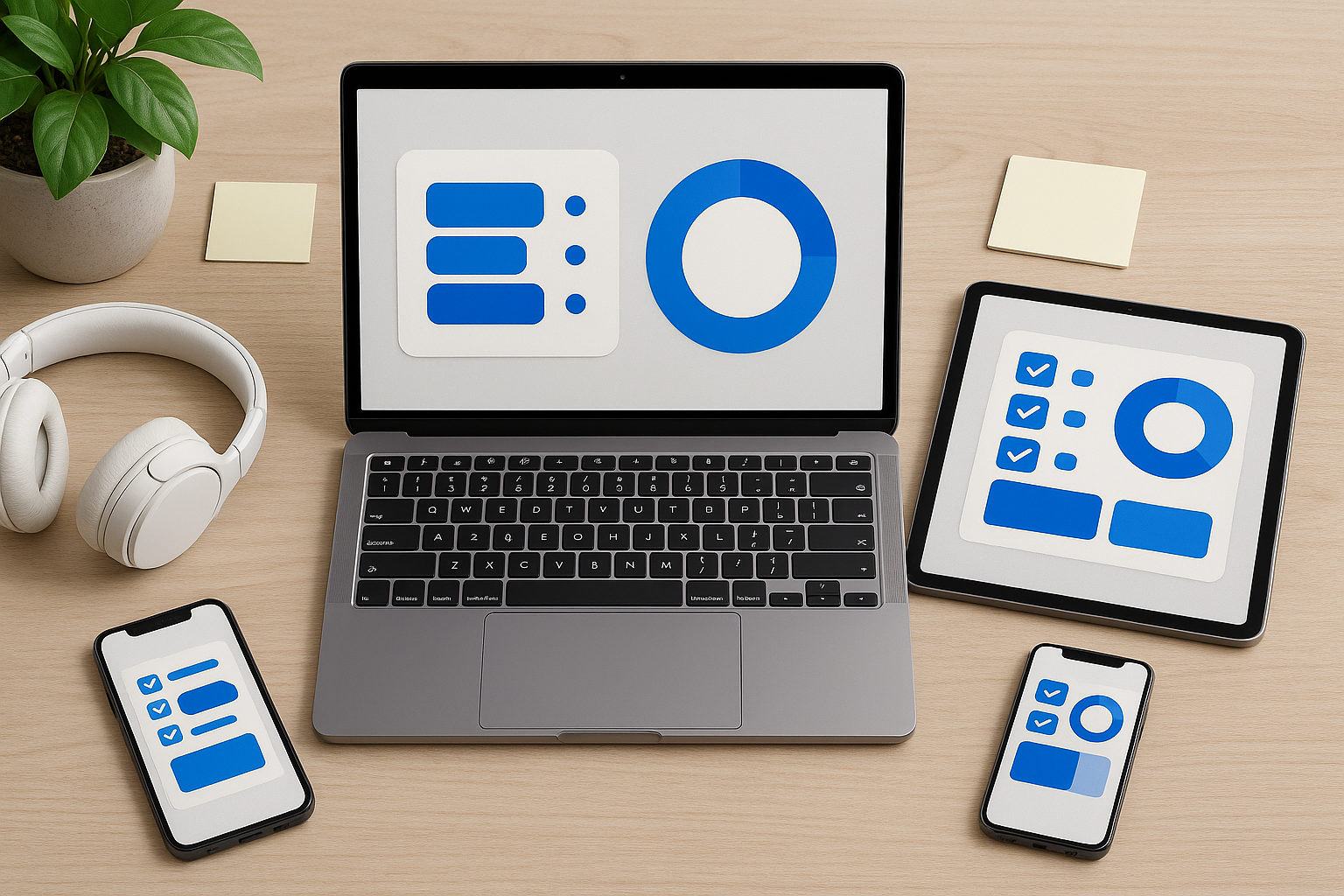 Photorealistic workspace with coordinated cross-device productivity widgets.
