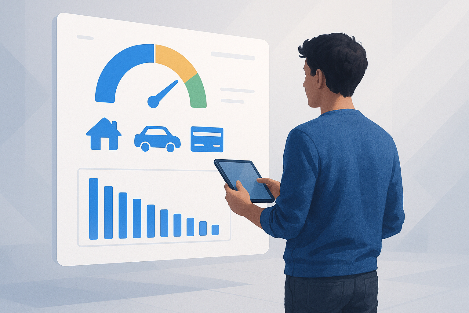Financial dashboard with credit score gauge and amortization chart
