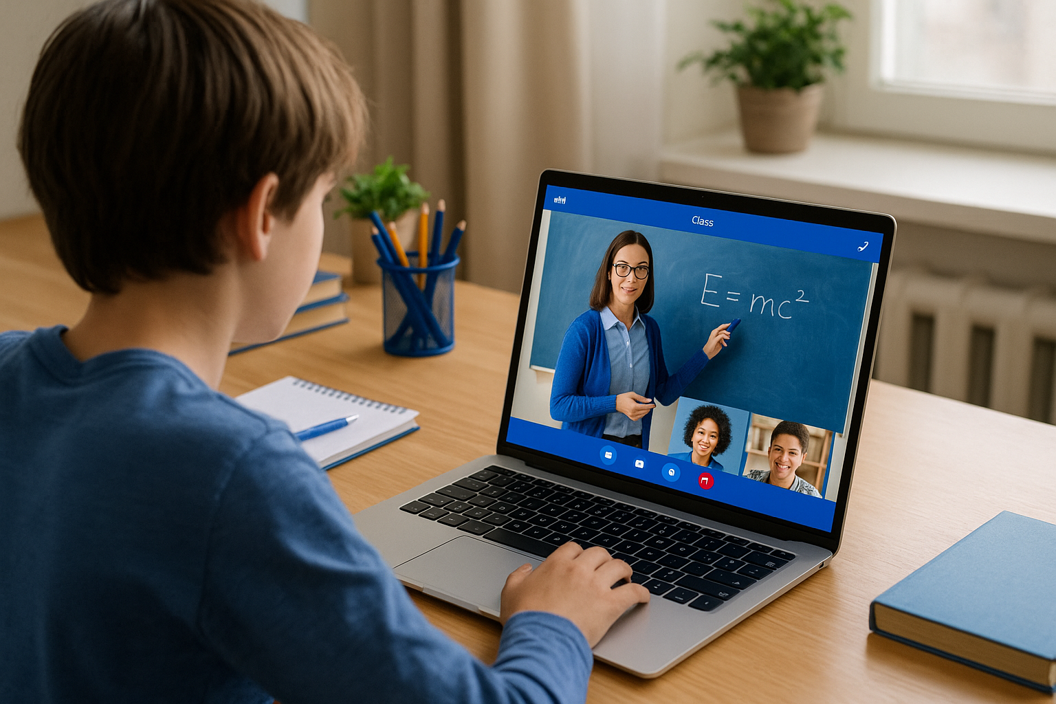 High school student on laptop video call in a virtual classroom at home