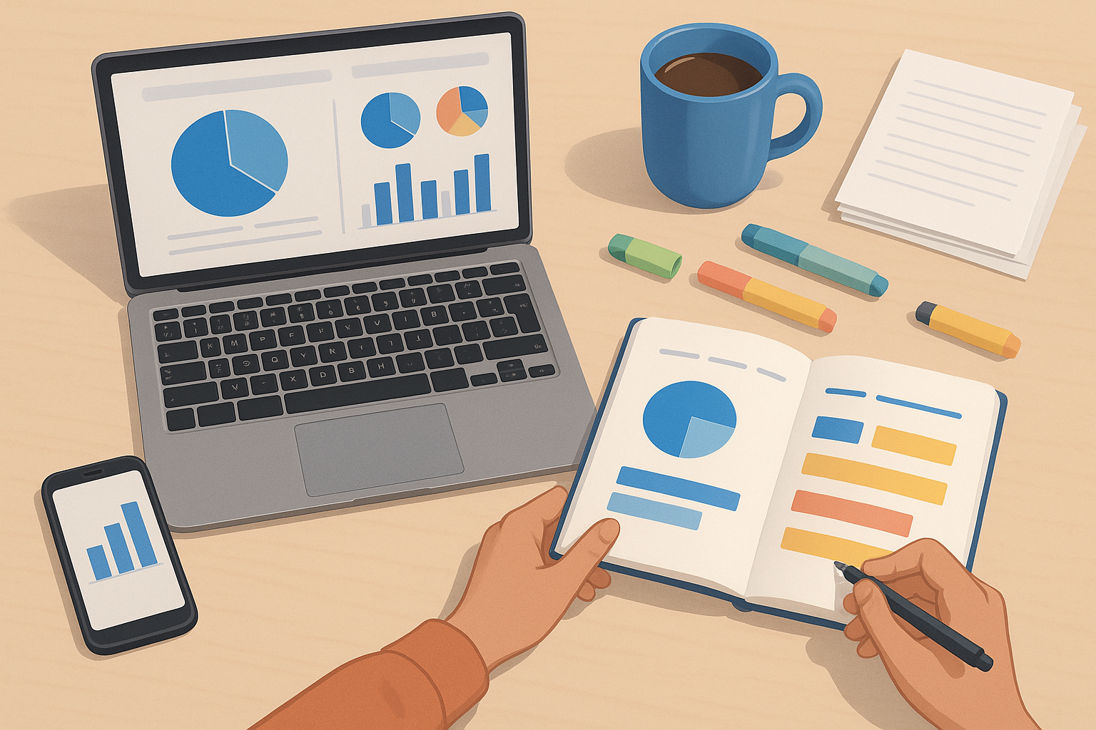Overhead view of personal budgeting with laptop and notebook