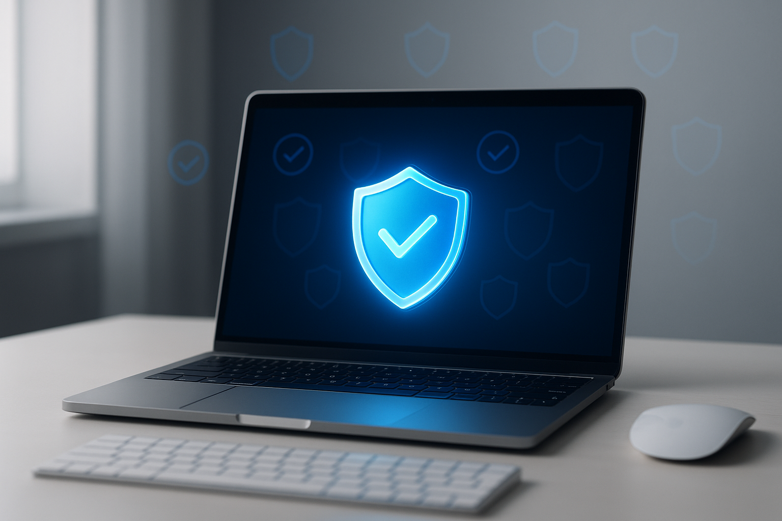 Accreditation shield and badges above a laptop.