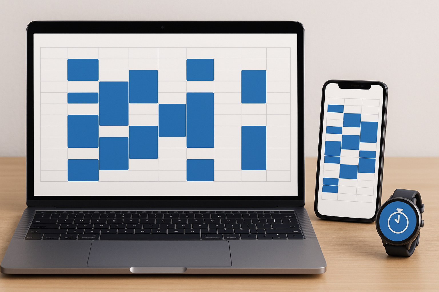Time-blocked calendar across devices with a blue Pomodoro timer icon.