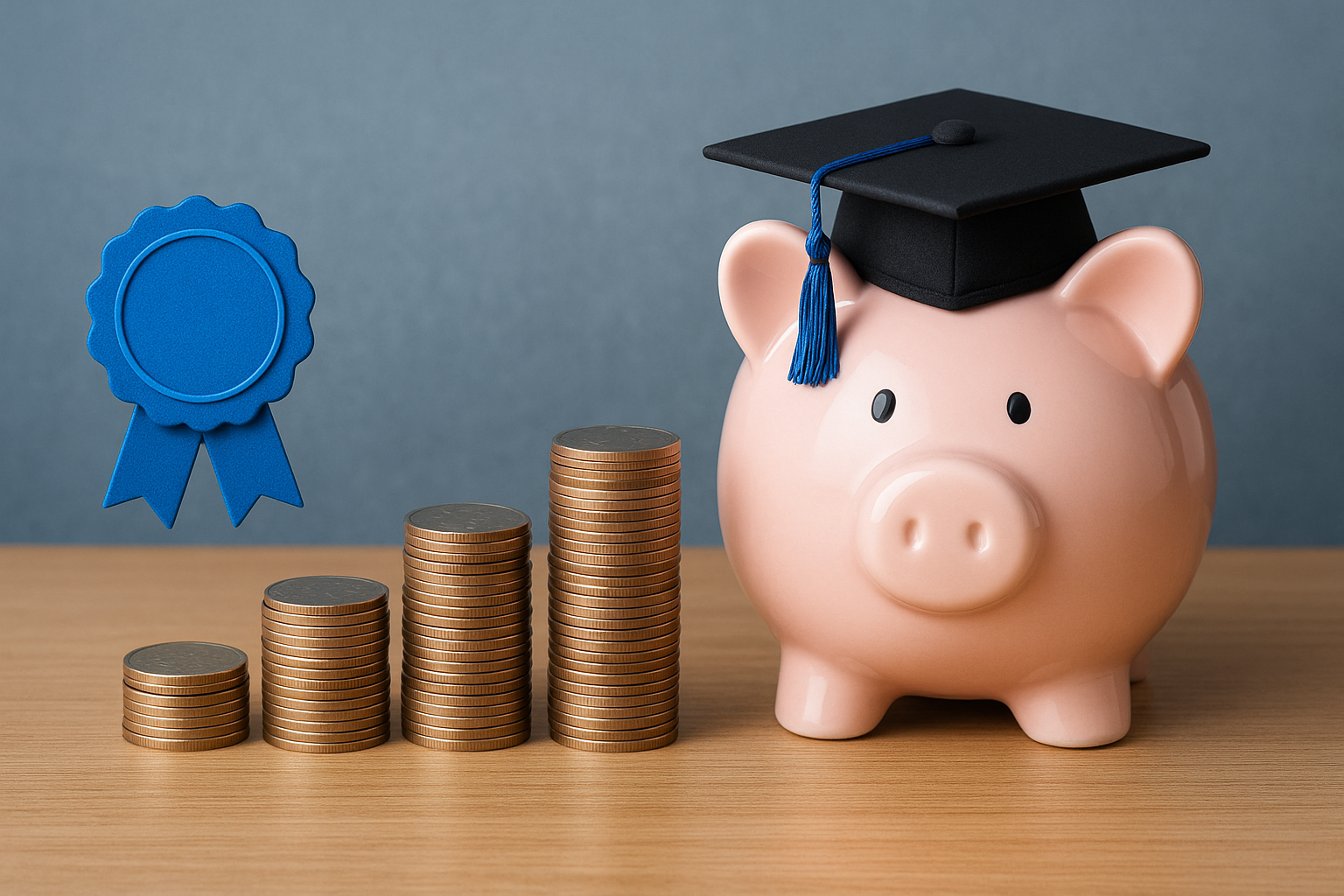 Piggy bank with graduation cap, rising coins, and financial aid badge.