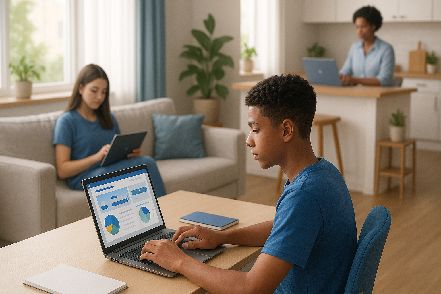 Diverse multi-generational learners studying online at home