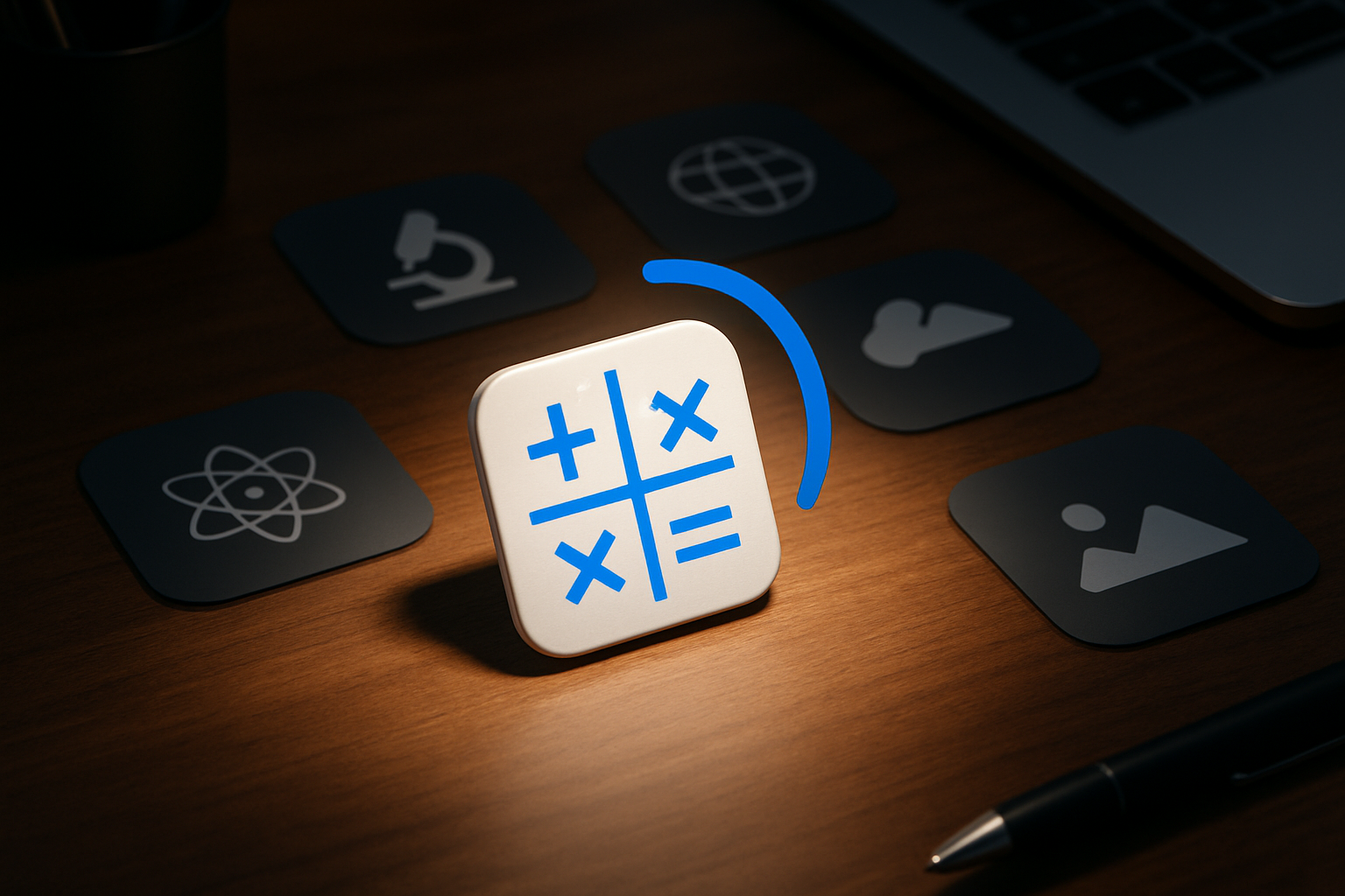 Featured subject tile with progress arc on a desk.