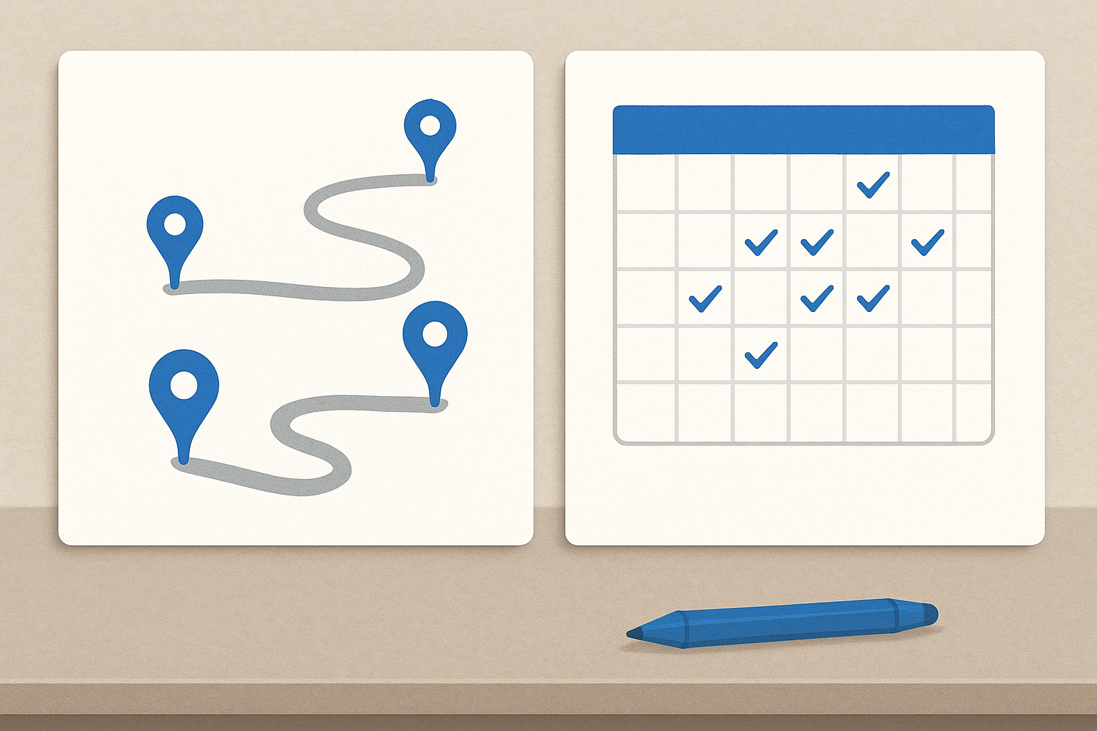 Self-paced winding path compared to a scheduled calendar grid.