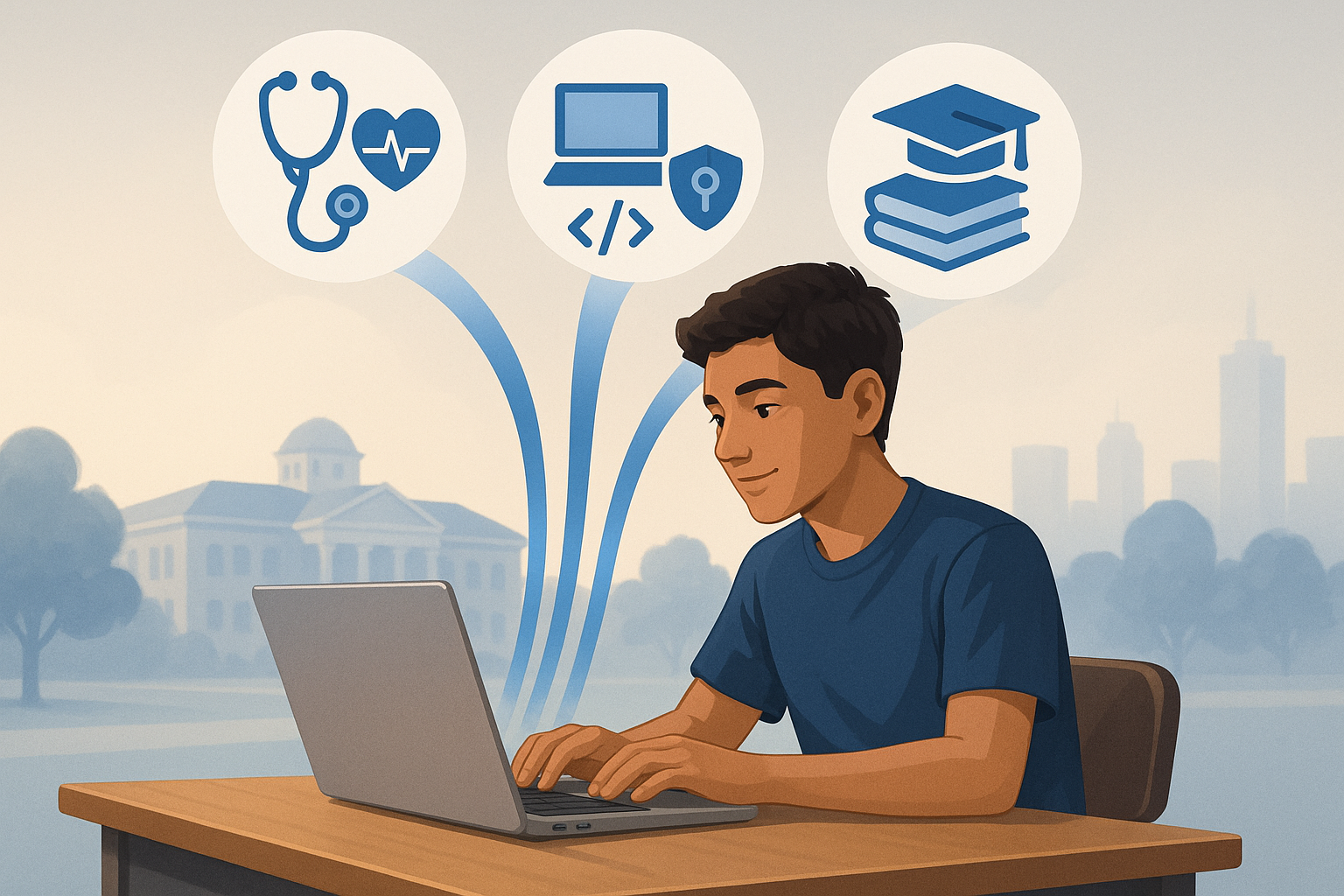 Laptop showing pathways to healthcare, IT, and earning college credits