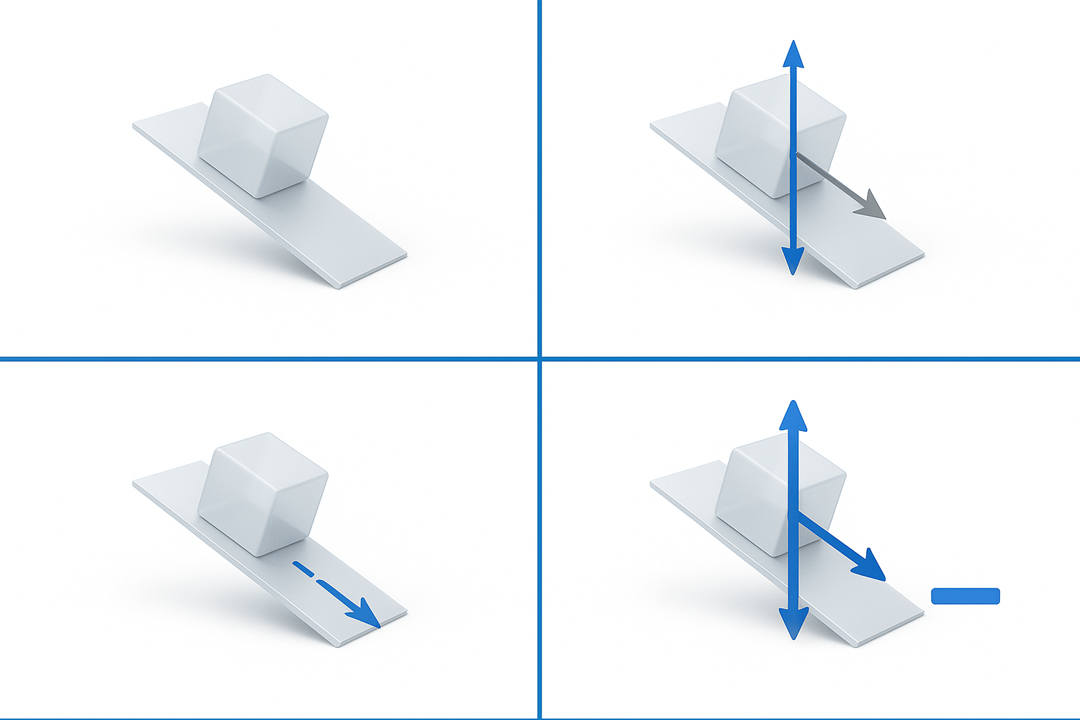 Four-panel sequence of forces, motion, and energy on an inclined plane