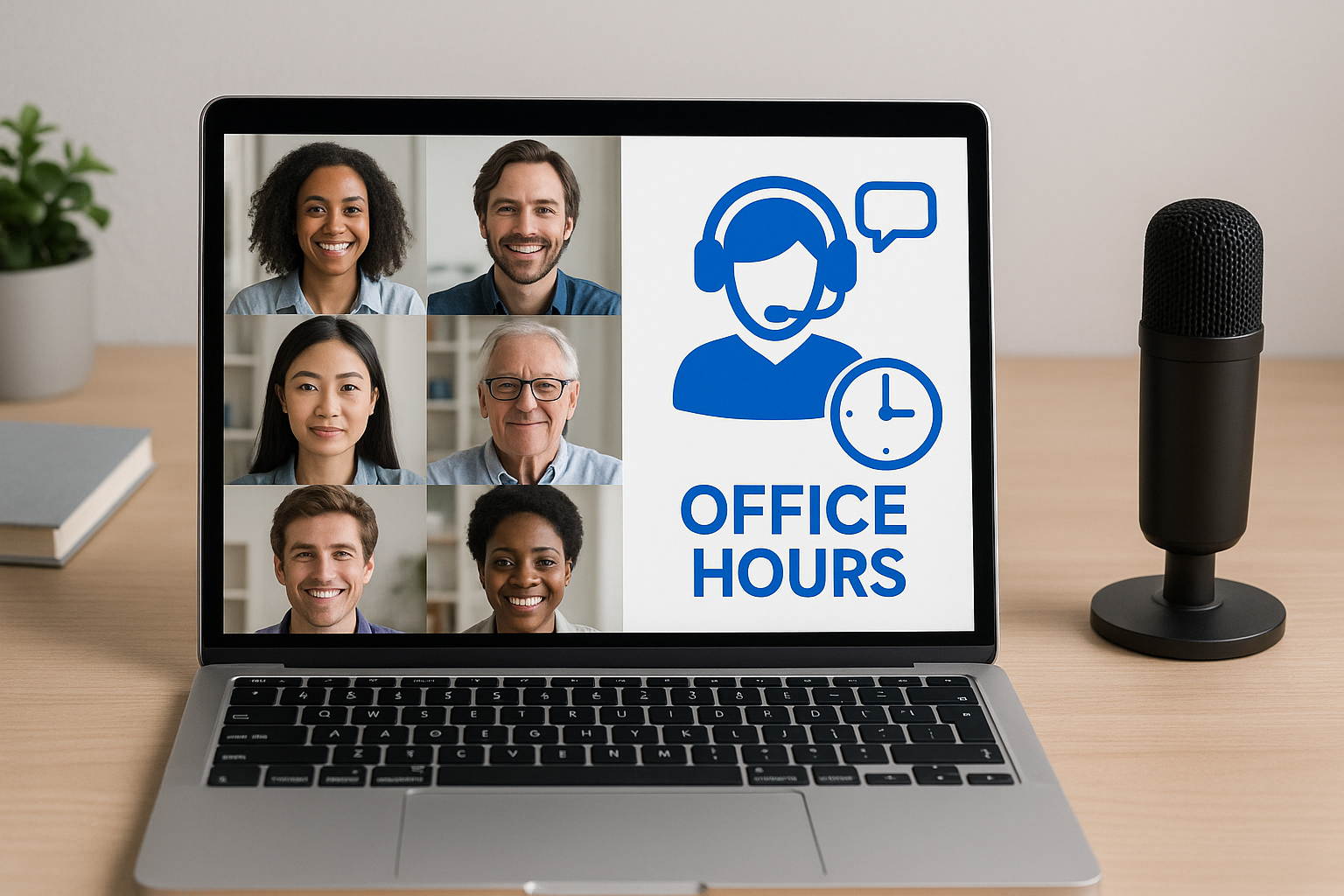 Live tutoring and office hours with video grid and chat bubbles.