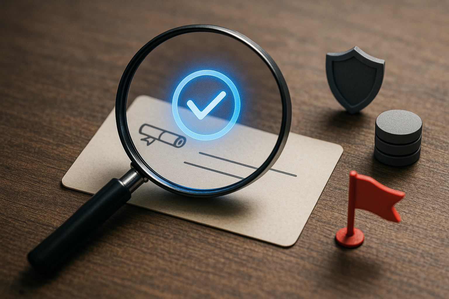 Diploma verification with checkmark shield, database, and red flag.