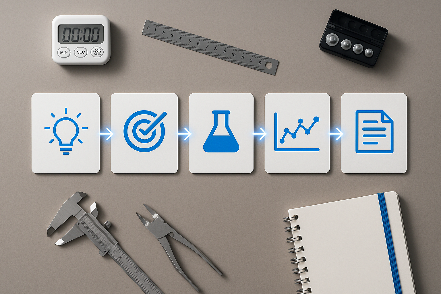 Five-step laboratory workflow for an experimental process with abstract icons