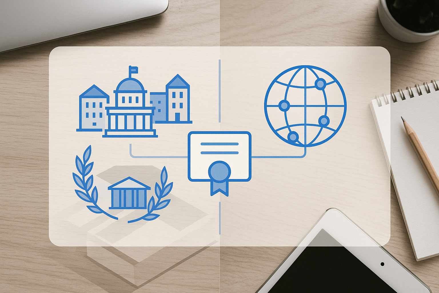 Universities and global network linked by a diploma.