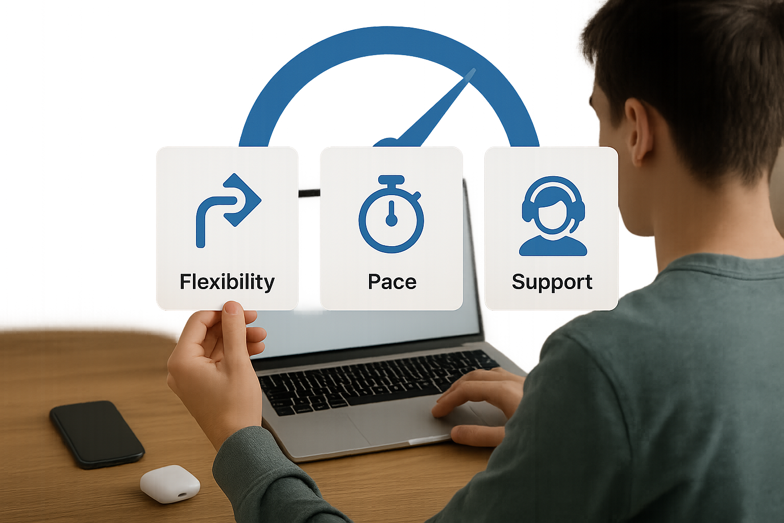 Student comparing program flexibility, pace, and support icons.